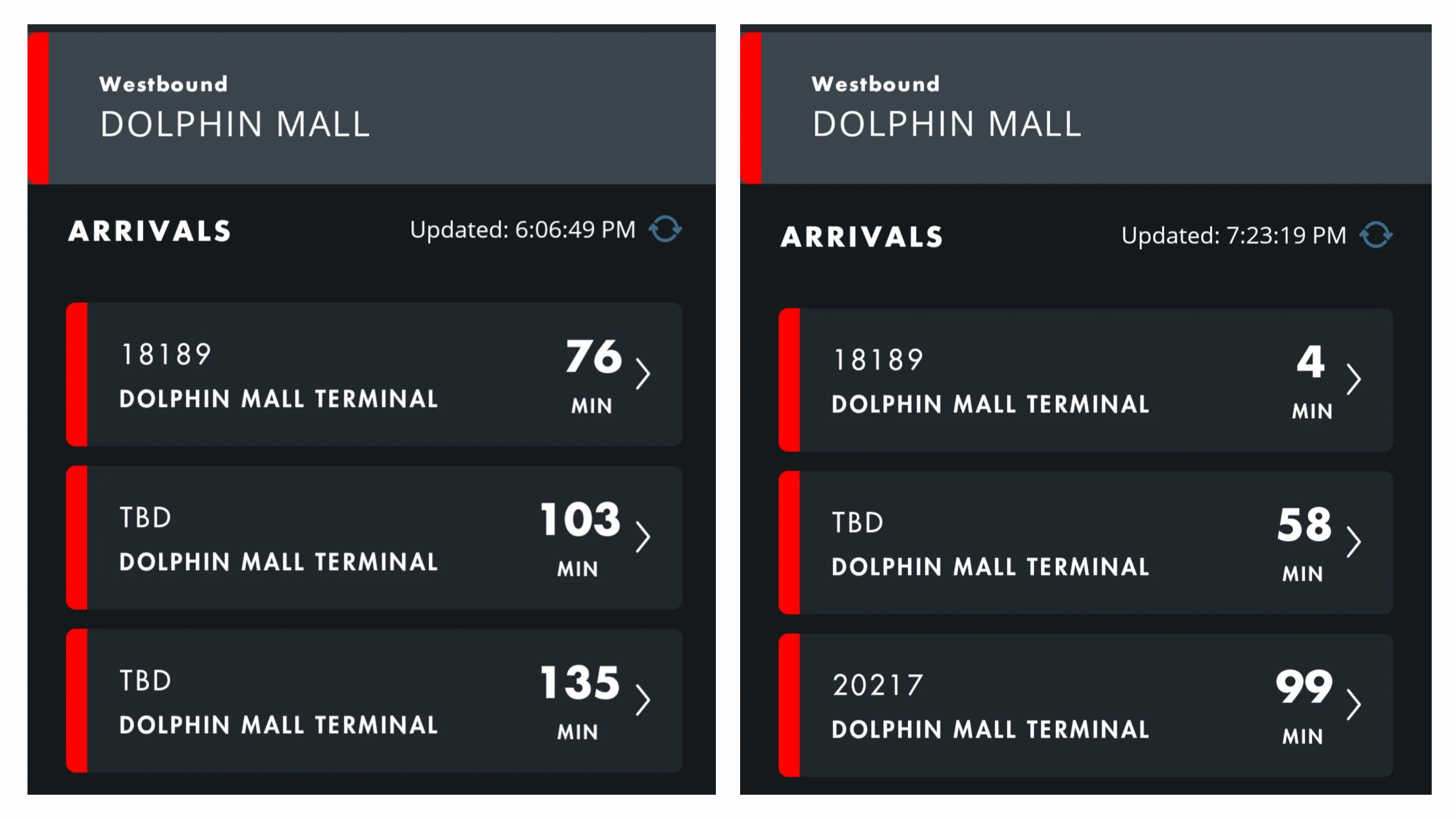 Screenshot of Bus Arrival Times at Dolphin Mall